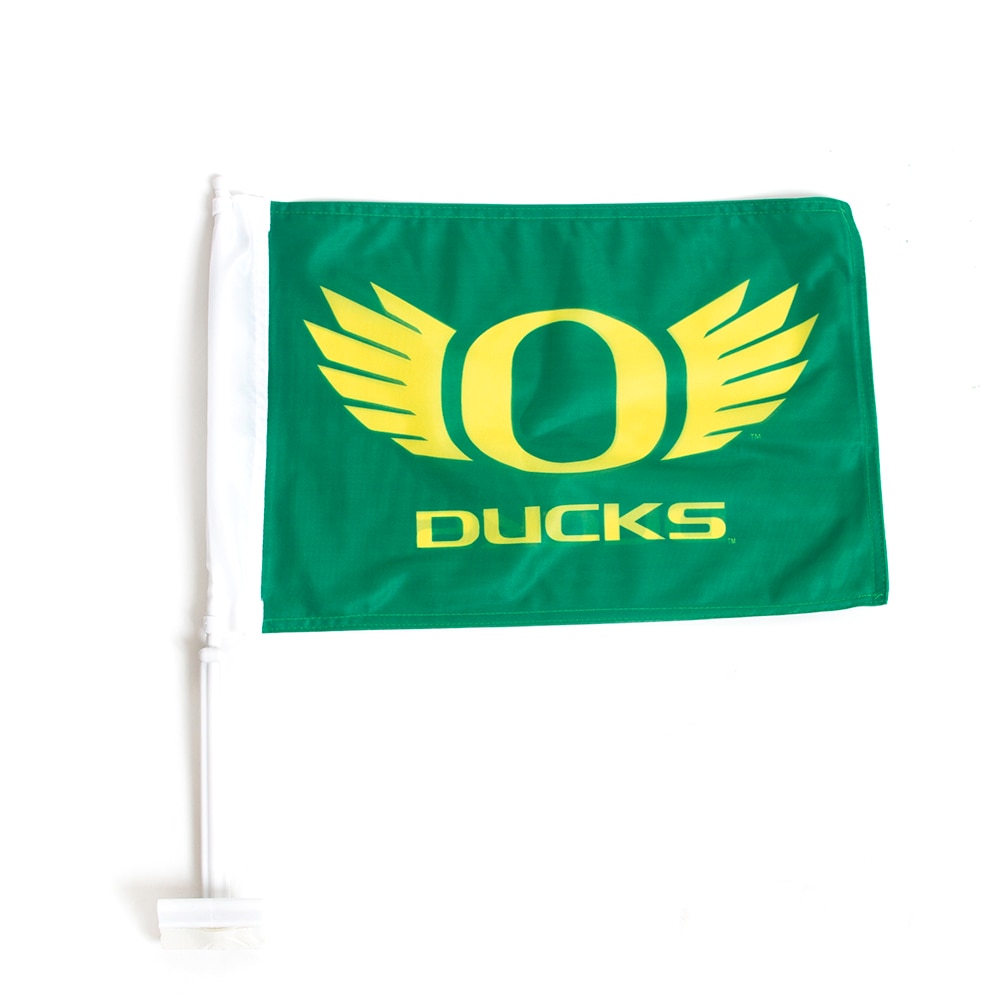 Classic Oregon O, WINGS, Ducks word-mark, Sewing Concept, Nylon, 11"x16", Car Flag